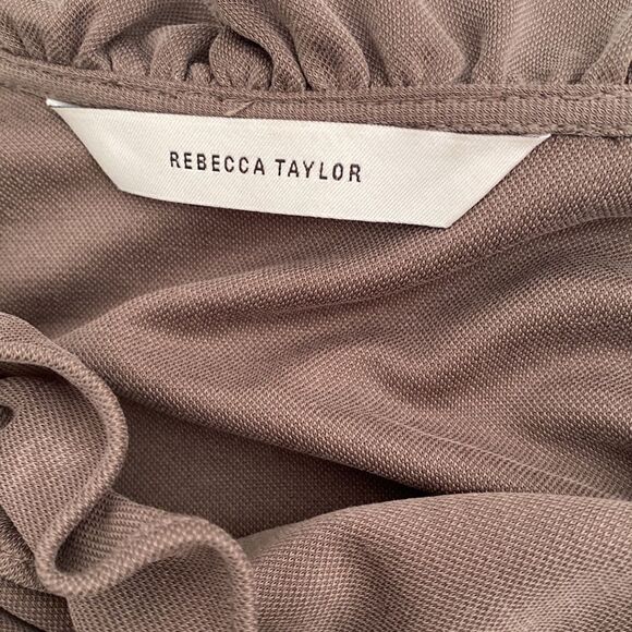 Rebecca Taylor taupe light brown long sleeve ruched vneck blouse tie ruffles EUC - Picture 6 of 11